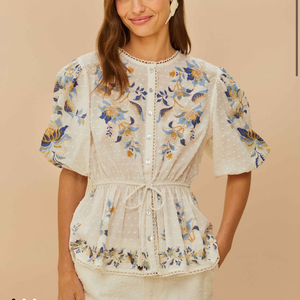 NWT FARM Rio Off-White Mystic Blue Lotus Dreamscape Blouse